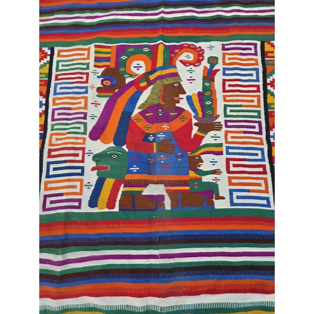 Vintage Handwoven Mexican Wool Rug Tapestry Mayan Aztec Pictorial 84x60 Multi